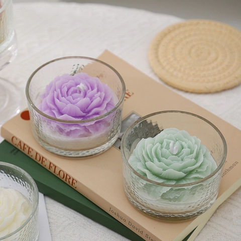 Flower Scented Candle Peony Shaped Paraffin Wax Aromatherapy Home Decor In Textured Glass Bowl Romantic Atmosphere