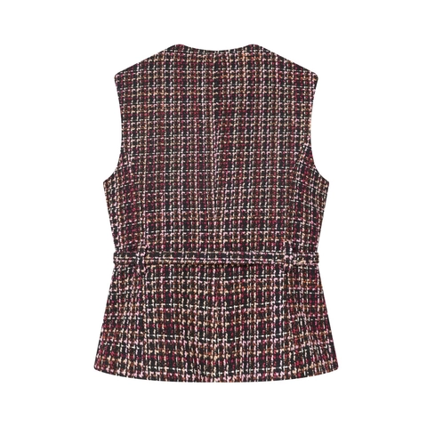 Gilet In Tweed Donna Scozzese Girocollo Senza Maniche Elegante Vintage Monopetto Con Cintura Bottone Dorato