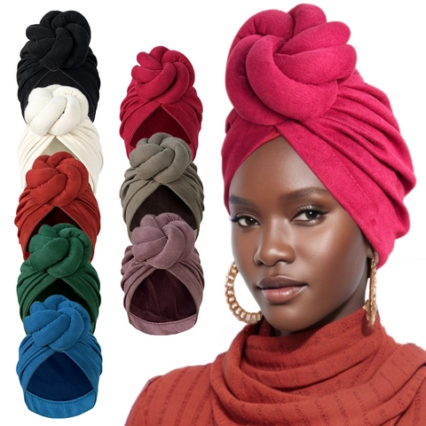 Cappello Turbante Donna Velluto Grande Nodo Intrecciato Fascia Stile Etnico Colore Solido Pieghettato Retro
