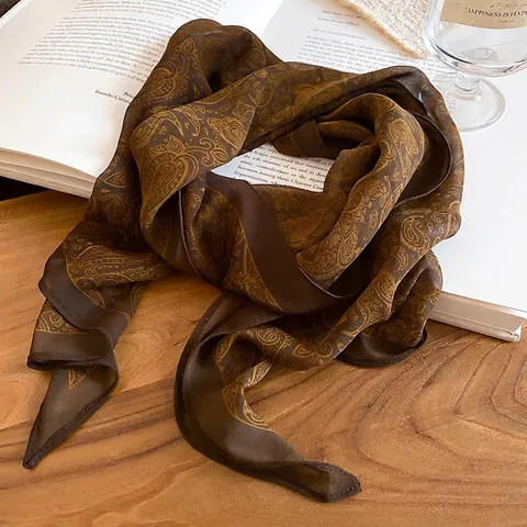 Paisley Print Fabric Scarf Necklace Vintage Brown Satin Feel Long Neck Jewelry Elegant Accessories For Women