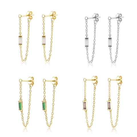 Orecchini a Nappina con Catena in Zirconia di Rame Minimalista Con Perno in Argento Sterling 925 Orecchini Geometrici per Donna