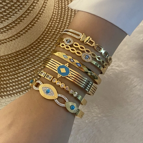 Bracciale Occhio Del Diavolo In Acciaio Inossidabile Vintage Placcato Oro Turchese Zircone Farfalla Boho Gioielli Per Donna