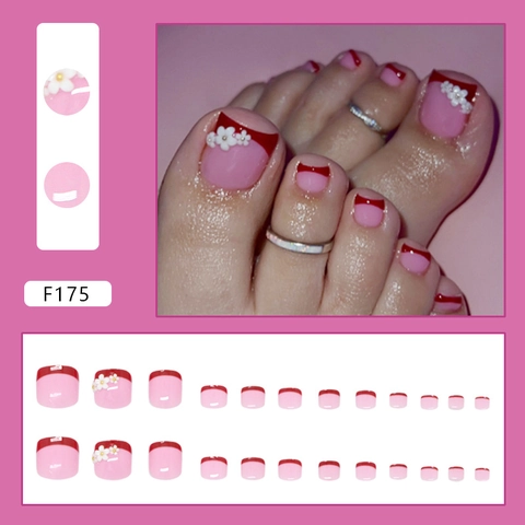Teen Opplaknagels Frans Roze Rood Met Witte 3D Madeliefje Bloem ABS Plastic Valse Teennagels
