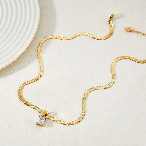 Minimalist Square Zircon Pendant Necklace Stainless Steel Gold Plated Snake Bone Chain Light Luxury Jewelry For Women