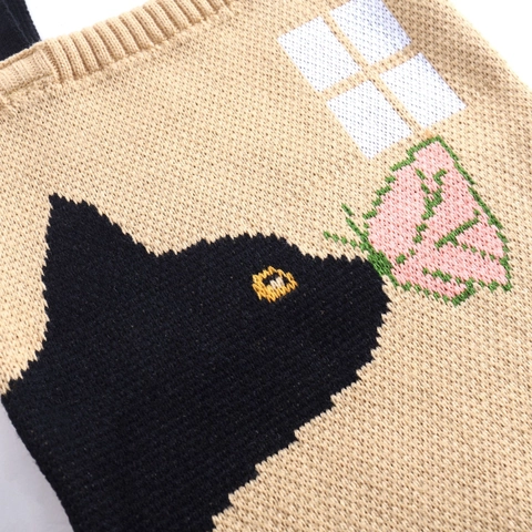 Sac Fourre-Tout En Tricot Motif Jacquard Chat Et Fleurs Dessin Animé Sac À Épaule Tissé Style Kawaii