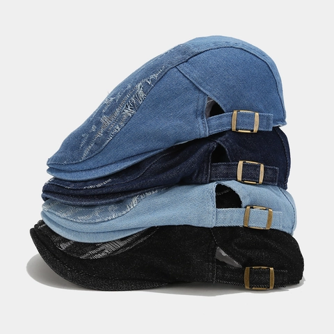 Berretto Piatto In Denim Lavato Vintage Design Invecchiato Cappello Basco Fibbia Metallo Regolabile Streetwear Per Uomo Donna