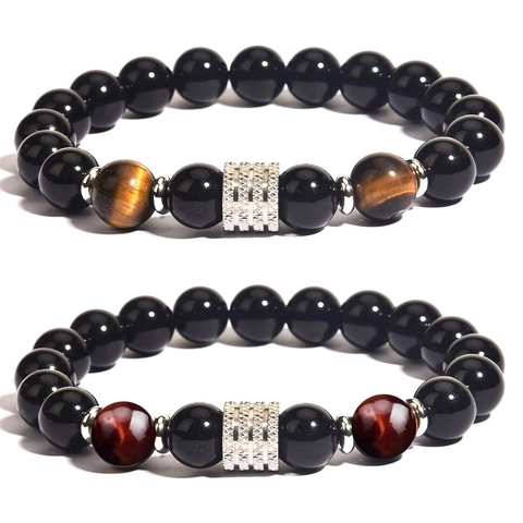 Men Stainless Steel Tiger Eye Obsidian Beaded Bracelet Natural Stone Lava Bead Healing Yoga Bracelet Geometric Jewelry Gift