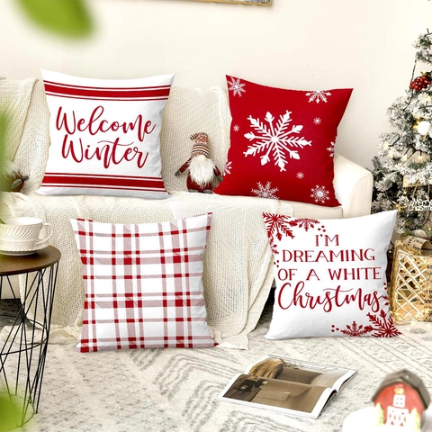 Housses De Coussin De Noël Polyester Texture Lin Rouge Blanc Carreaux Flocon De Neige Hiver Décoration De Fête