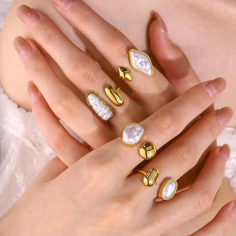 Irregular Artificial Baroque Pearl Stainless Steel Ring For Women 18K Gold Plated Open Adjustable Geometric Minimalist Finger Jewelry