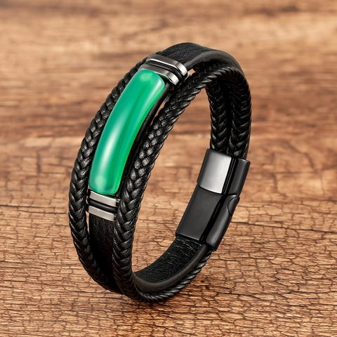 Multi Layer Woven Leather Bracelet Natural Stone Agate Tiger Eye Stainless Steel Magnetic Clasp Punk Retro Jewelry For Men