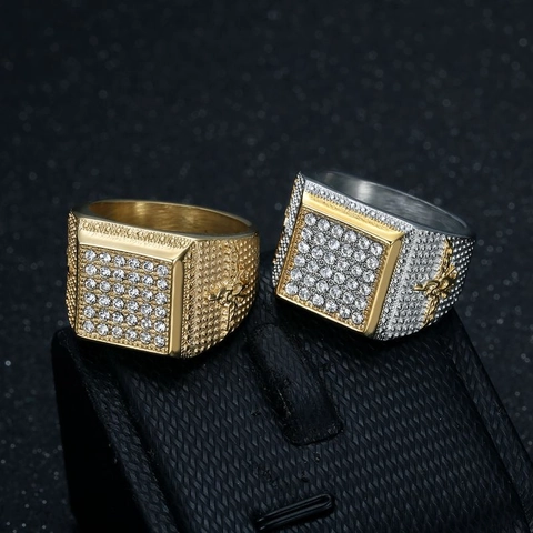 Heren Vierkante Zegelring Titanium Staal Zirconia Iced Out Hip Hop Punk Sieraden Met Bijenreliëf Decor