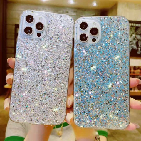 Funda de Teléfono de Resina Epoxi con Lentejuelas de Brillo de Cielo Estrellado Funda Trasera de Silicona Protectora para IPhone Antigolpes de Lujo