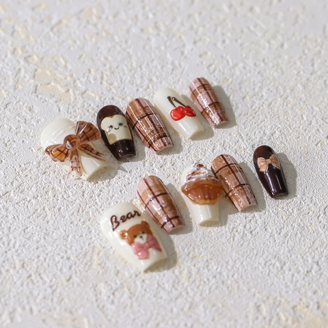 3D Relief Nail Art Stickers Cartoon Bear Cake Dessert Pattern Adhesive DIY Manicure Decoration Sweet Kawaii Style