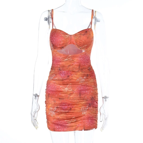 Sexy Butterfly Print Mini Dress Ruched Cut Out Bodycon Backless Halter Neck Polyester Spandex Sleeveless Summer Party