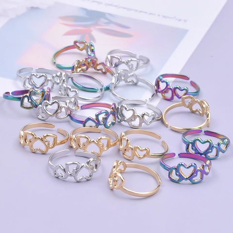Edelstahl Ring Mit Herz Hohl Verstellbar Offen Geometrisch Minimalistisch Gold Silber Regenbogen Damen Mode
