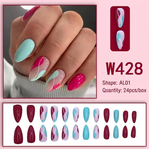 Unas Postizas Almendradas Con Lineas Abstractas De Colores Unas Artificiales Removibles Para Manicura Mujer
