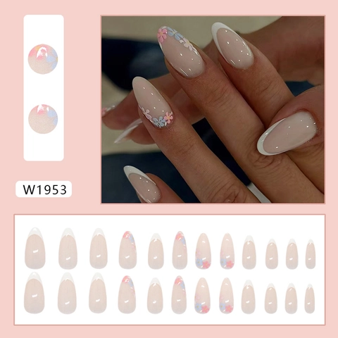 Unghie Finte A Mandorla French Tip Base Rosa Nude Piccoli Fiori Plastica ABS Unghie Artificiali Stile Elegante Per Donne