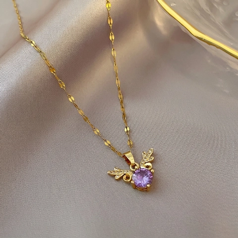 Collier Pendentif Bois De Cerf Chaîne En Acier Inoxydable Cuivre Zircon Violet Bijoux Élégants Pour Femmes
