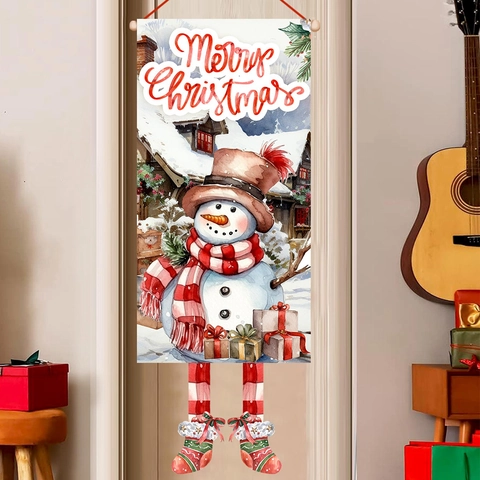 Weihnachts Türbanner Schneemann Stofffahne Mit Langen Gestreiften Beinen Für Außen Innen Haus Deko