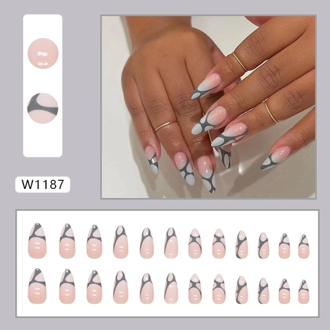 Unghie Finte A Mandorla Lunghe Grigio Linea Astratta Geometrica Base Rosa Lucido Unghie Artificiali Per Donna
