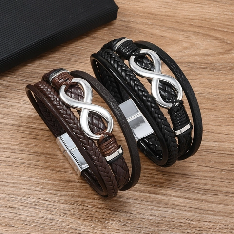Men Multi Layer Braided Leather Bracelet With Alloy Infinity Symbol Magnetic Clasp Retro Punk Fashion Jewelry Gift