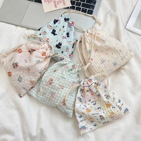 Cute Cartoon Drawstring Storage Bag Seersucker Polyester Portable Dustproof Travel Cosmetic Organizer Pouch For Home