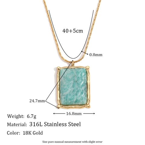 Collier avec Pendentif en Pierre Naturelle Rectangulaire en Acier Inoxydable Plqué Or 18K pour Femme Bijoux Géométriques