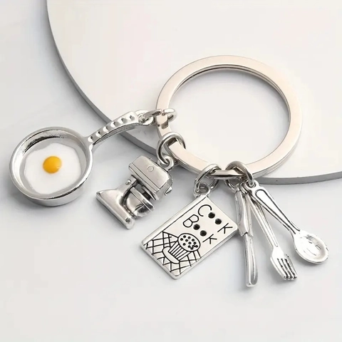 Küchenutensilien Schlüsselanhänger Zinklegierung Mini Bratpfanne Spiegelei Mixer Kochbuch Messer Gabel Löffel Koch Geschenk