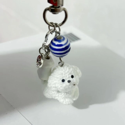 Cute Plush Puppy Beaded Keychain Bichon Frise Bag Charm Phone Chain With Heart Pendant Bone Charm Zinc Alloy Resin Jewelry Gift