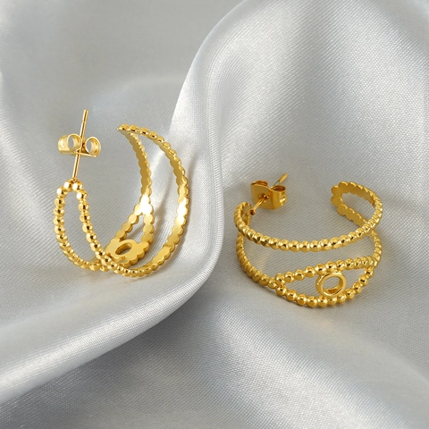 Stainless Steel Geometric Hollow Hoop Earrings Gold Plated Layered Beaded Round Jewelry For Women Ins Style