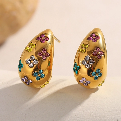Colorful Rhinestone Flower Stud Earrings Stainless Steel Gold Plated Hollow Teardrop Chic Fashion Jewelry For Women