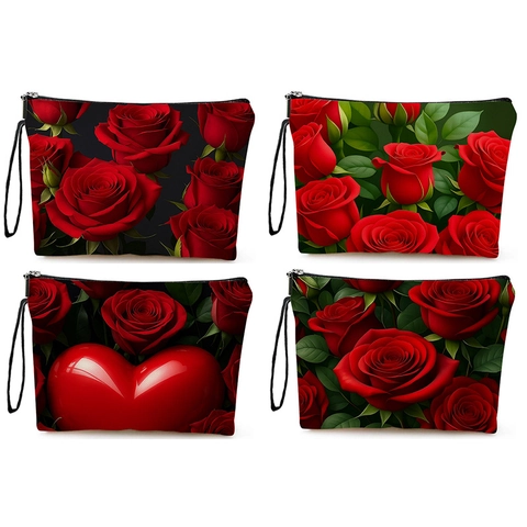 Red Rose Floral Makeup Bag Linen Cosmetic Organizer With Zipper And Wrist Strap Travel Toiletry Pouch Daily Handbag