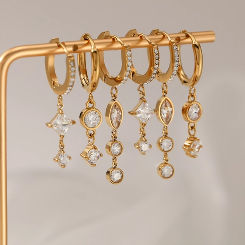 Stainless Steel Cubic Zirconia Dangling Hoop Earrings Waterproof PVD Gold Plated French Style Elegant Jewelry For Women