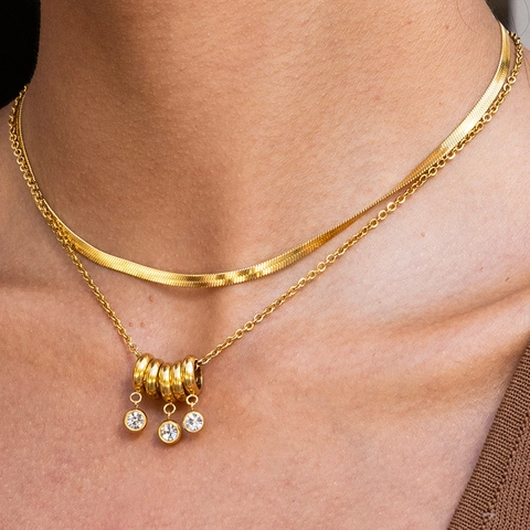 Double Layer Necklace Stainless Steel 18K Gold Plated Snake Chain Interlocking Rings Rhinestone Pendant For Women