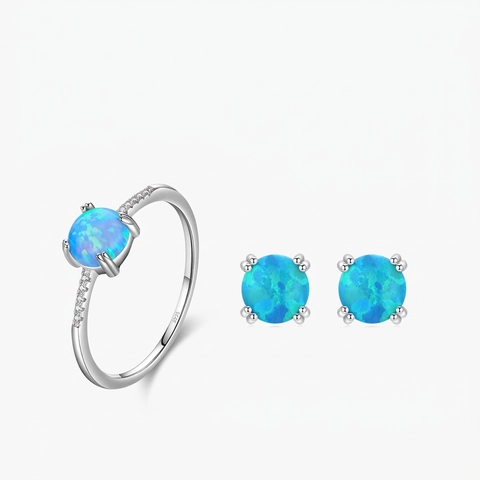 Joyería Geométrica Minimalista De Plata De Ley 925 Anillo Y Pendientes De Botón Con Opalo De Fuego Azul Redondo