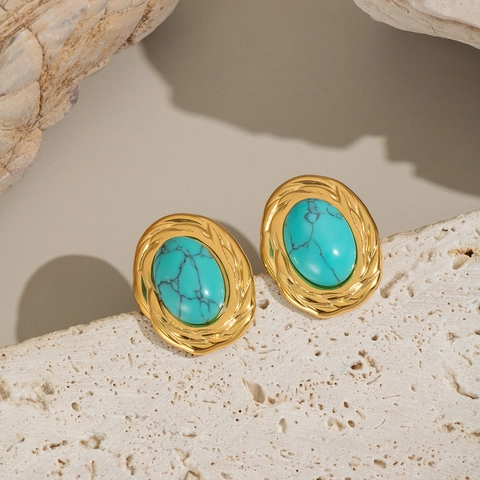 Pendientes Botón Turquesa Ovalados Mujer Acero Inoxidable Chapado Al Vacío Borde Trenzado Impermeable Joyería