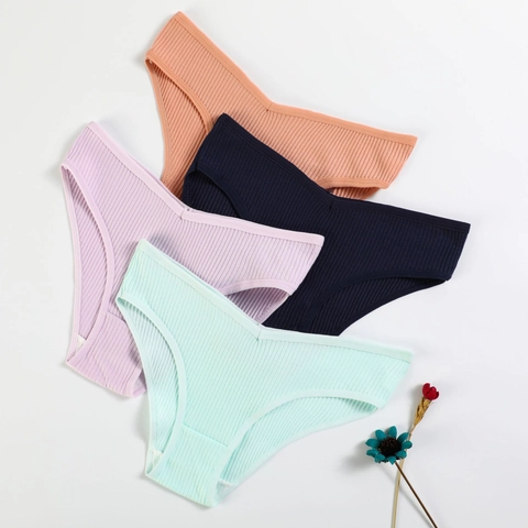 Women Ribbed Cotton Panties Low Waist Breathable Solid Color Briefs Elastic Soft Comfortable Underwear