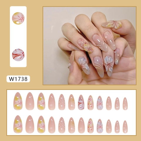 Long Almond Press On Nails Floral Three-Dimensional Embossed Flower Water Drop Design ABS Plastic Translucent Pink For Women