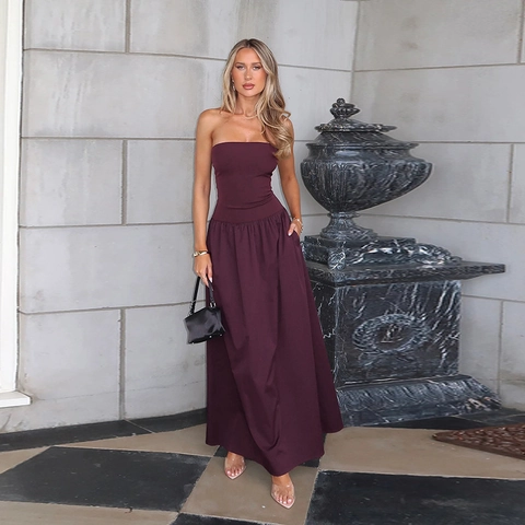 Strapless Backless Maxi Dress Sexy Solid Color Polyester Spandex High Waist A-Line Elegant Party Streetwear Women