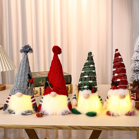 Christmas Gnome Plush Doll LED Light Up Santa Dwarf Ornament Knitted Hat Long Beard Handmade Xmas Decoration Night Light Gift