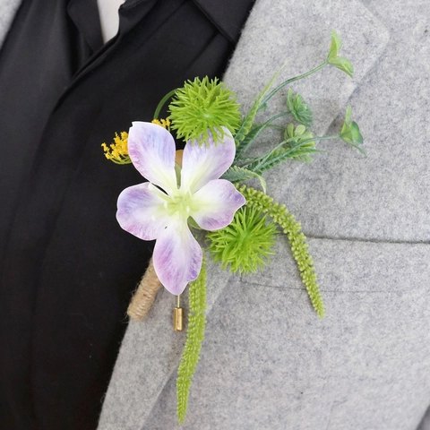 Artificial Flower Boutonniere Wedding Corsage Satin Plant Hemp Rope Wrapped Stem With Alloy Pin Groom Groomsmen Accessories