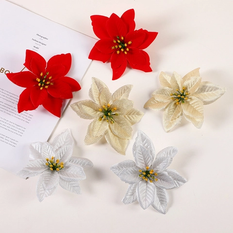 Christmas Poinsettia Flowers Artificial Velvet Glitter Xmas Tree Ornaments Holiday Home Party Decoration Wedding Floral