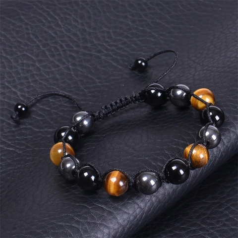 Triple Protection Bracelet Tiger Eye Hematite Black Agate Natural Stone Beaded Handmade Woven Adjustable Energy Healing Jewelry