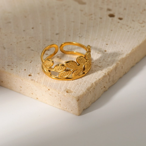 Anello Aperto Foglia Cava Acciaio Inossidabile Placcato Oro 18K Ramoscello Ulivo Gioielli Geometrici Donna