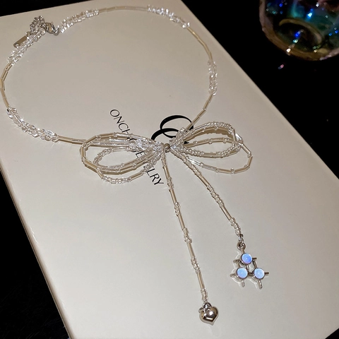 Stainless Steel Bowknot Necklace Heart Star Pendant Transparent Glass Beaded Clavicle Chain Elegant Women Jewelry