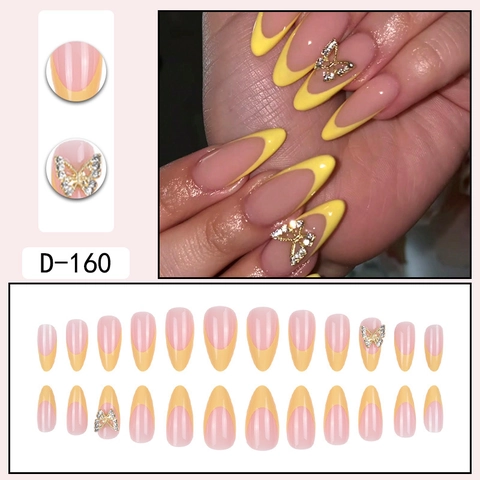 French Press On Nails Gele Tip Amandelvorm Met Gouden Vlinder Strass Steentjes Elegante Lange Kunstnagels Voor Dames
