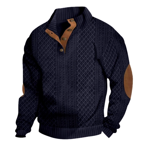 Men Vintage Stand Collar Sweatshirt Jacquard Knit Top With Elbow Patches Regular Fit Casual Long Sleeve Pullover