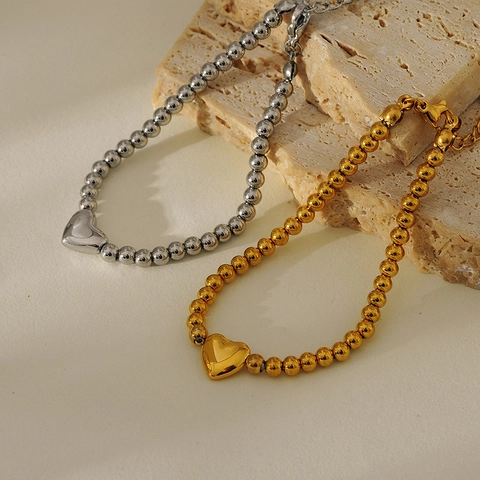 Pulsera de Cadena de Bolas con Colgante de Corazón de Acero Inoxidable de Moda para Mujer Joyería Chapada Simple y Versátil