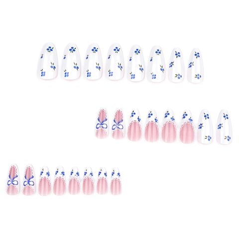 Press On Nails Almond Shape Blue Blueberry Pattern French Style With 3D Ribbon Bow And Artificial Pearl Accents Sweet Fresh For Women