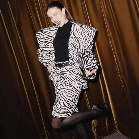 Dames Zebra Print Revers Blazer En Bijpassende Rok Lange Mouwen Streetwear Outfits Mode Zwart Wit